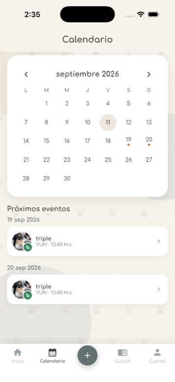 Calendario con los próximos eventos de las mascotas en la app Pawtaggie