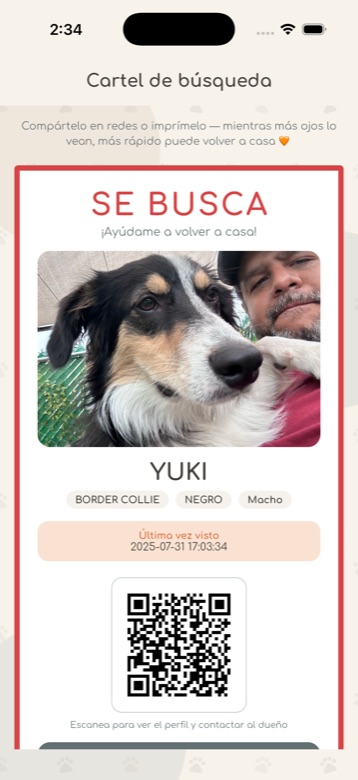 Cartel de búsqueda de mascota perdida generado por la app Pawtaggie