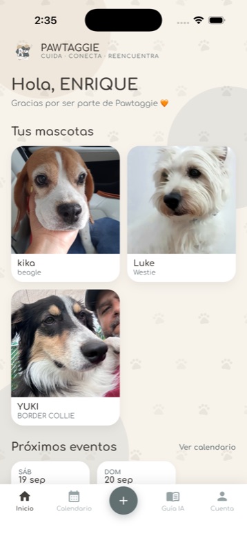 Pantalla de inicio con todas las mascotas y próximos eventos en la app Pawtaggie