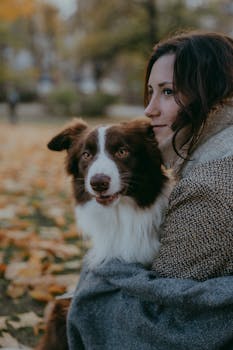 Woman hugging her Border Collie in an autumn park, surrounded by fallen leaves.